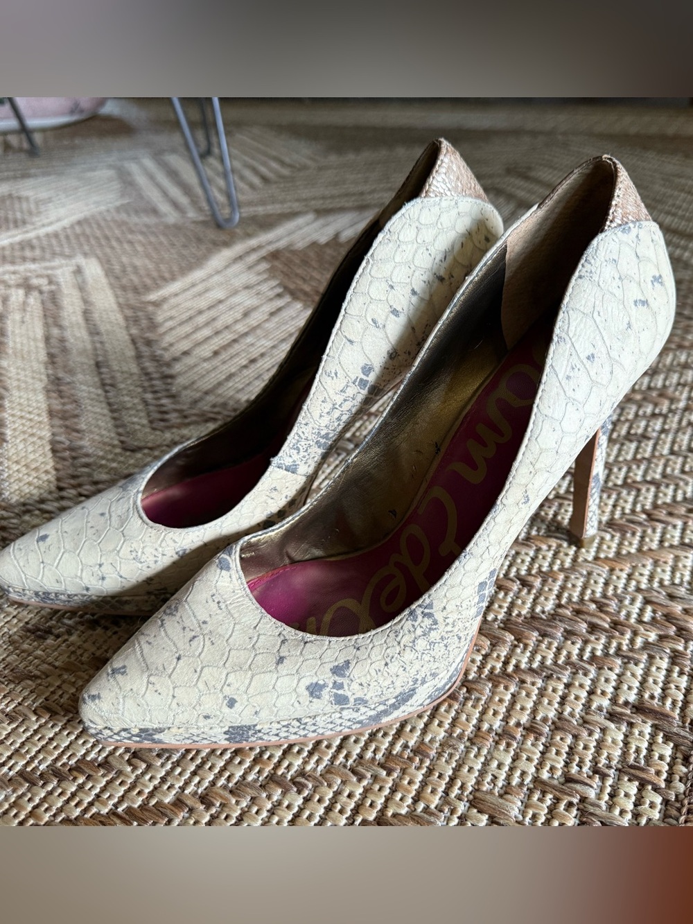 Sam Edelman Cream Nude Snake-Embossed Pointed Toe Pumps
